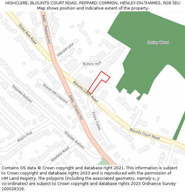 HIGHCLERE, BLOUNTS COURT ROAD, PEPPARD COMMON, HENLEY-ON-THAMES, RG9 5EU: Location map and indicative extent of plot