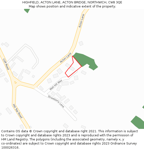 HIGHFIELD, ACTON LANE, ACTON BRIDGE, NORTHWICH, CW8 3QE: Location map and indicative extent of plot