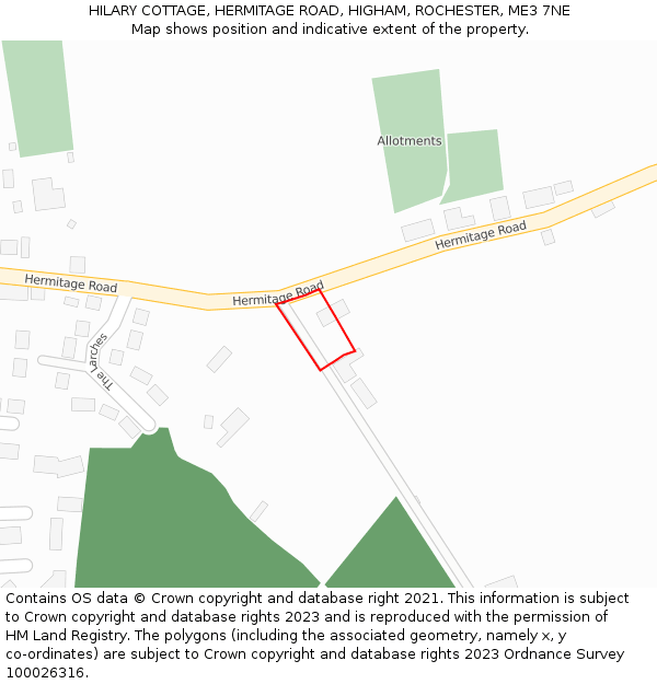 HILARY COTTAGE, HERMITAGE ROAD, HIGHAM, ROCHESTER, ME3 7NE: Location map and indicative extent of plot