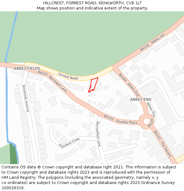 HILLCREST, FORREST ROAD, KENILWORTH, CV8 1LT: Location map and indicative extent of plot