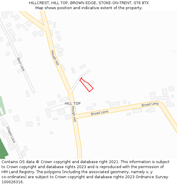 HILLCREST, HILL TOP, BROWN EDGE, STOKE-ON-TRENT, ST6 8TX: Location map and indicative extent of plot