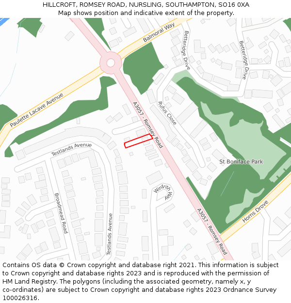 HILLCROFT, ROMSEY ROAD, NURSLING, SOUTHAMPTON, SO16 0XA: Location map and indicative extent of plot
