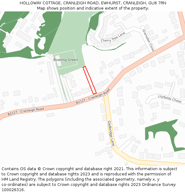 HOLLOWAY COTTAGE, CRANLEIGH ROAD, EWHURST, CRANLEIGH, GU6 7RN: Location map and indicative extent of plot