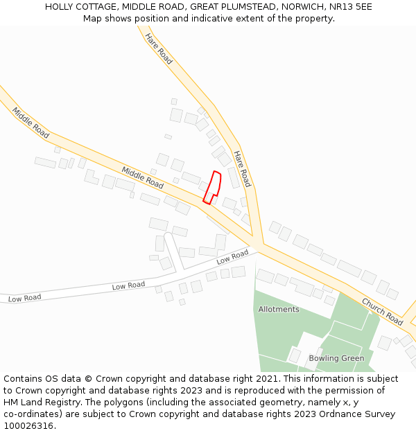 HOLLY COTTAGE, MIDDLE ROAD, GREAT PLUMSTEAD, NORWICH, NR13 5EE: Location map and indicative extent of plot