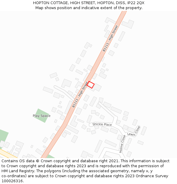 HOPTON COTTAGE, HIGH STREET, HOPTON, DISS, IP22 2QX: Location map and indicative extent of plot