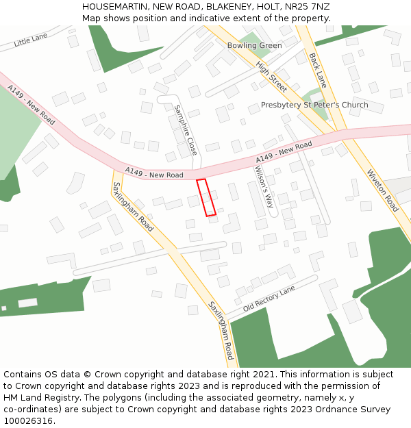 HOUSEMARTIN, NEW ROAD, BLAKENEY, HOLT, NR25 7NZ: Location map and indicative extent of plot