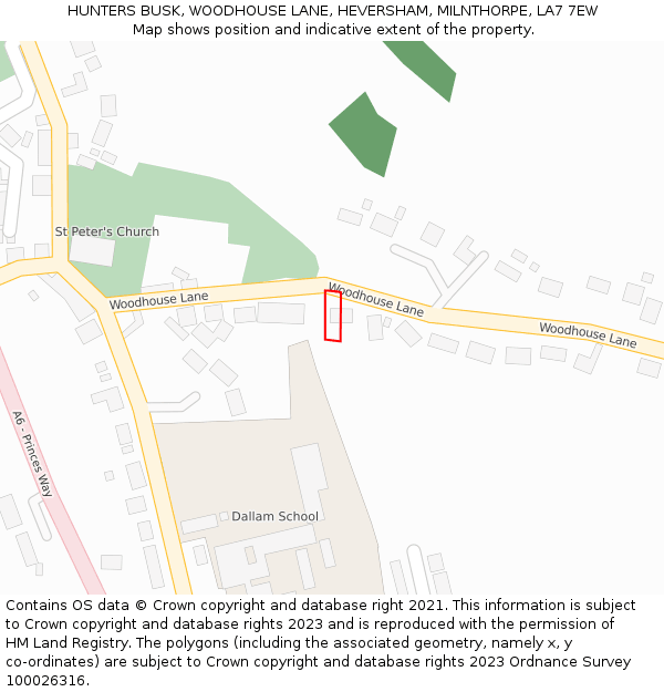 HUNTERS BUSK, WOODHOUSE LANE, HEVERSHAM, MILNTHORPE, LA7 7EW: Location map and indicative extent of plot