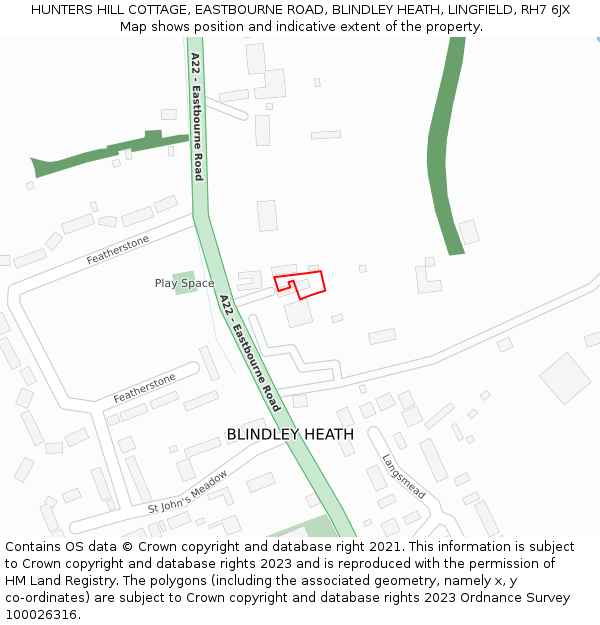 HUNTERS HILL COTTAGE, EASTBOURNE ROAD, BLINDLEY HEATH, LINGFIELD, RH7 6JX: Location map and indicative extent of plot