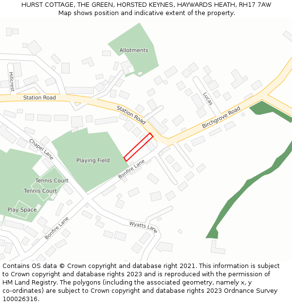 HURST COTTAGE, THE GREEN, HORSTED KEYNES, HAYWARDS HEATH, RH17 7AW: Location map and indicative extent of plot