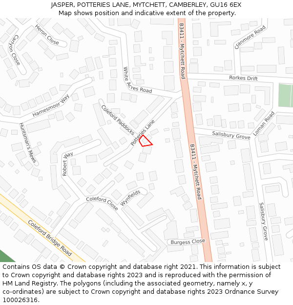 JASPER, POTTERIES LANE, MYTCHETT, CAMBERLEY, GU16 6EX: Location map and indicative extent of plot