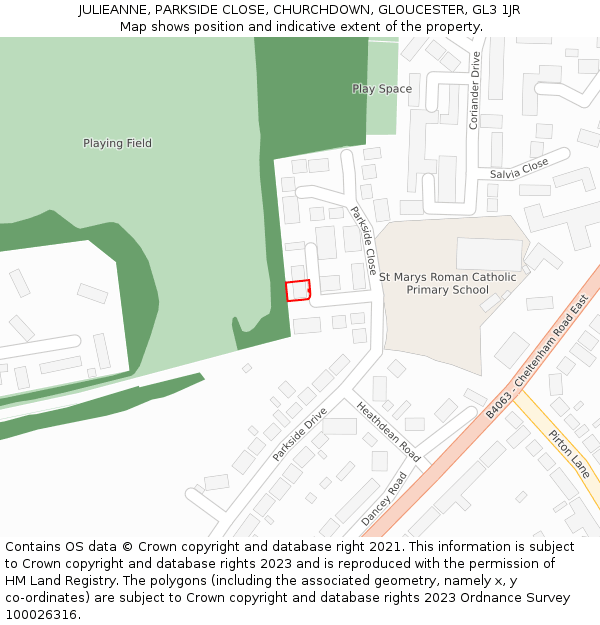 JULIEANNE, PARKSIDE CLOSE, CHURCHDOWN, GLOUCESTER, GL3 1JR: Location map and indicative extent of plot