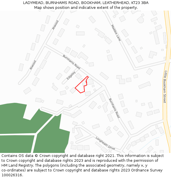 LADYMEAD, BURNHAMS ROAD, BOOKHAM, LEATHERHEAD, KT23 3BA: Location map and indicative extent of plot