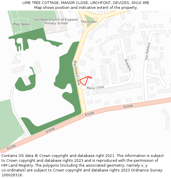 LIME TREE COTTAGE, MANOR CLOSE, URCHFONT, DEVIZES, SN10 4RE: Location map and indicative extent of plot