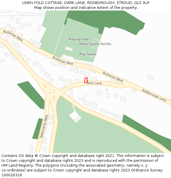 LINEN FOLD COTTAGE, DARK LANE, RODBOROUGH, STROUD, GL5 3UF: Location map and indicative extent of plot