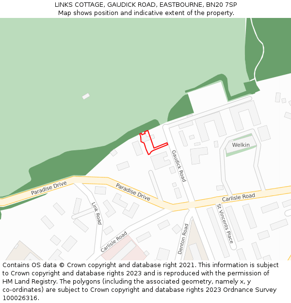LINKS COTTAGE, GAUDICK ROAD, EASTBOURNE, BN20 7SP: Location map and indicative extent of plot