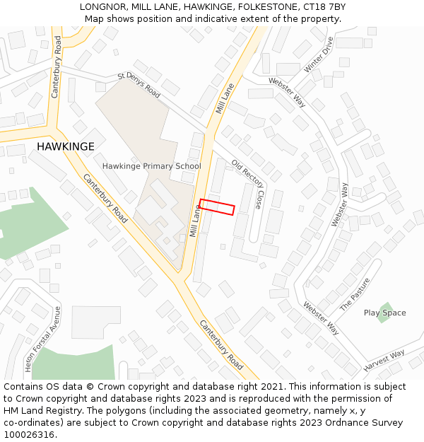 LONGNOR, MILL LANE, HAWKINGE, FOLKESTONE, CT18 7BY: Location map and indicative extent of plot