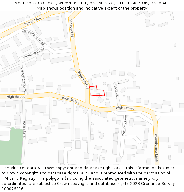 MALT BARN COTTAGE, WEAVERS HILL, ANGMERING, LITTLEHAMPTON, BN16 4BE: Location map and indicative extent of plot