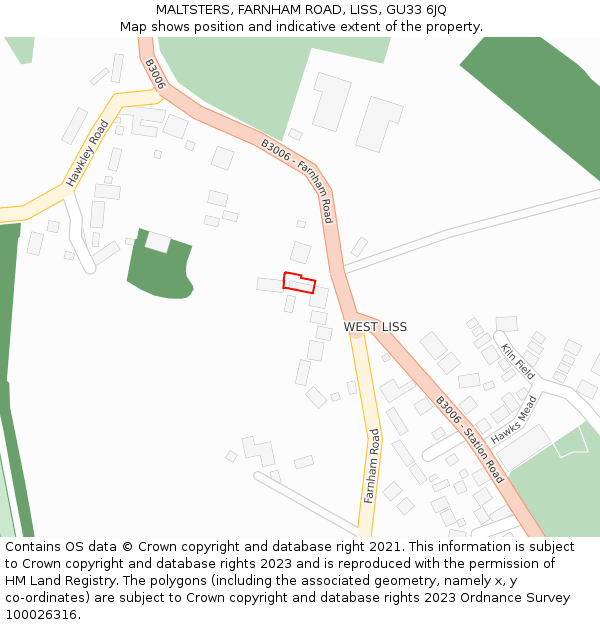 MALTSTERS, FARNHAM ROAD, LISS, GU33 6JQ: Location map and indicative extent of plot