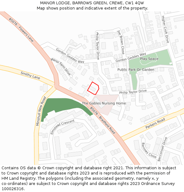 MANOR LODGE, BARROWS GREEN, CREWE, CW1 4QW: Location map and indicative extent of plot