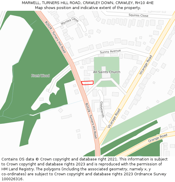 MARWELL, TURNERS HILL ROAD, CRAWLEY DOWN, CRAWLEY, RH10 4HE: Location map and indicative extent of plot