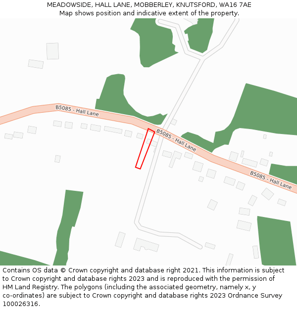 MEADOWSIDE, HALL LANE, MOBBERLEY, KNUTSFORD, WA16 7AE: Location map and indicative extent of plot
