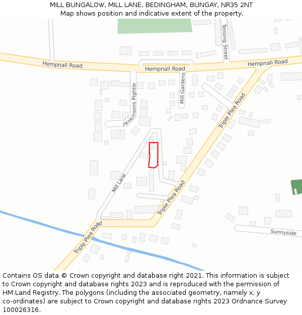 MILL BUNGALOW, MILL LANE, BEDINGHAM, BUNGAY, NR35 2NT: Location map and indicative extent of plot