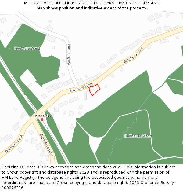 MILL COTTAGE, BUTCHERS LANE, THREE OAKS, HASTINGS, TN35 4NH: Location map and indicative extent of plot