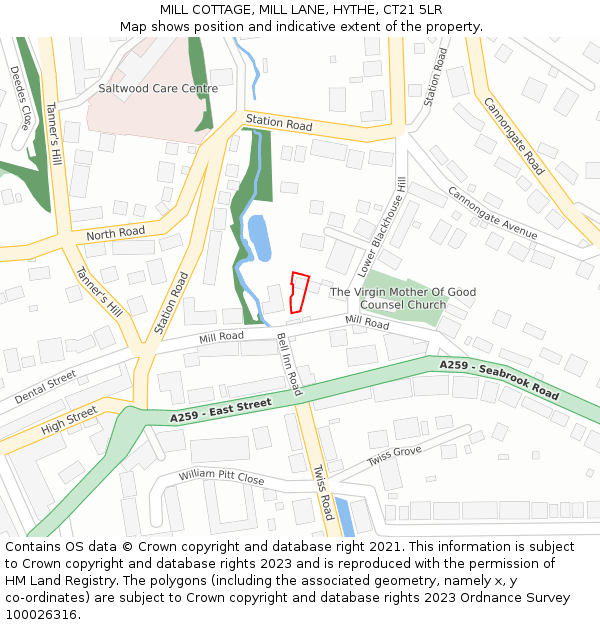 MILL COTTAGE, MILL LANE, HYTHE, CT21 5LR: Location map and indicative extent of plot