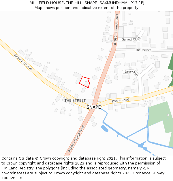 MILL FIELD HOUSE, THE HILL, SNAPE, SAXMUNDHAM, IP17 1RJ: Location map and indicative extent of plot