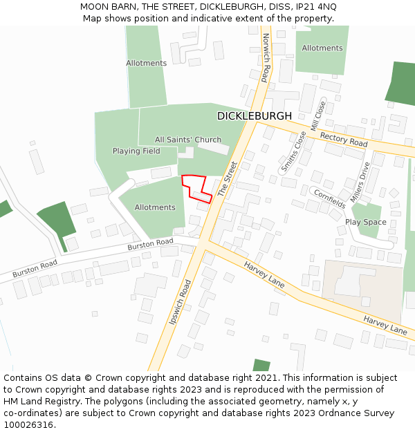 MOON BARN, THE STREET, DICKLEBURGH, DISS, IP21 4NQ: Location map and indicative extent of plot