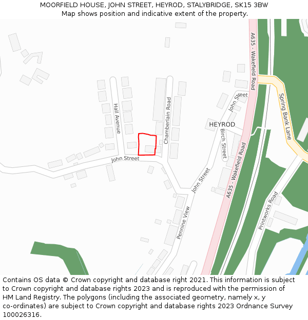 MOORFIELD HOUSE, JOHN STREET, HEYROD, STALYBRIDGE, SK15 3BW: Location map and indicative extent of plot