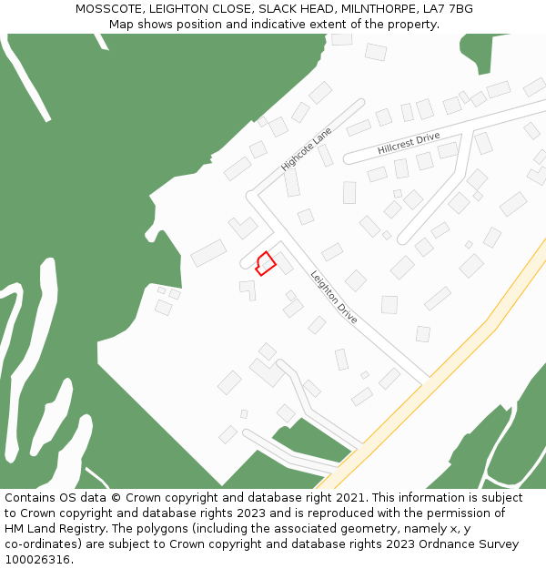 MOSSCOTE, LEIGHTON CLOSE, SLACK HEAD, MILNTHORPE, LA7 7BG: Location map and indicative extent of plot