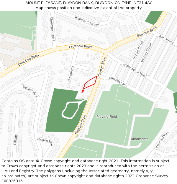 MOUNT PLEASANT, BLAYDON BANK, BLAYDON-ON-TYNE, NE21 4AY: Location map and indicative extent of plot