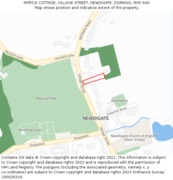 MYRTLE COTTAGE, VILLAGE STREET, NEWDIGATE, DORKING, RH5 5AD: Location map and indicative extent of plot