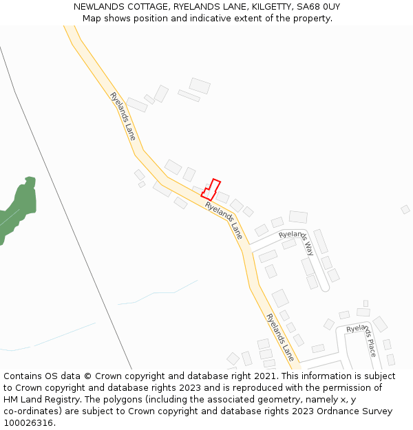 NEWLANDS COTTAGE, RYELANDS LANE, KILGETTY, SA68 0UY: Location map and indicative extent of plot