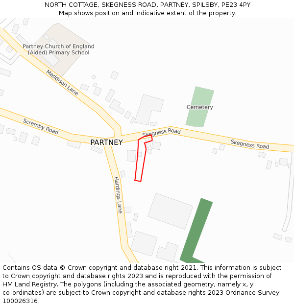 NORTH COTTAGE, SKEGNESS ROAD, PARTNEY, SPILSBY, PE23 4PY: Location map and indicative extent of plot