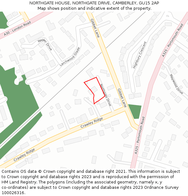 NORTHGATE HOUSE, NORTHGATE DRIVE, CAMBERLEY, GU15 2AP: Location map and indicative extent of plot