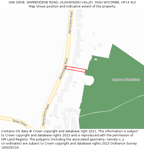 OAK DENE, WARRENDENE ROAD, HUGHENDEN VALLEY, HIGH WYCOMBE, HP14 4LX: Location map and indicative extent of plot