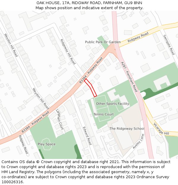 OAK HOUSE, 17A, RIDGWAY ROAD, FARNHAM, GU9 8NN: Location map and indicative extent of plot