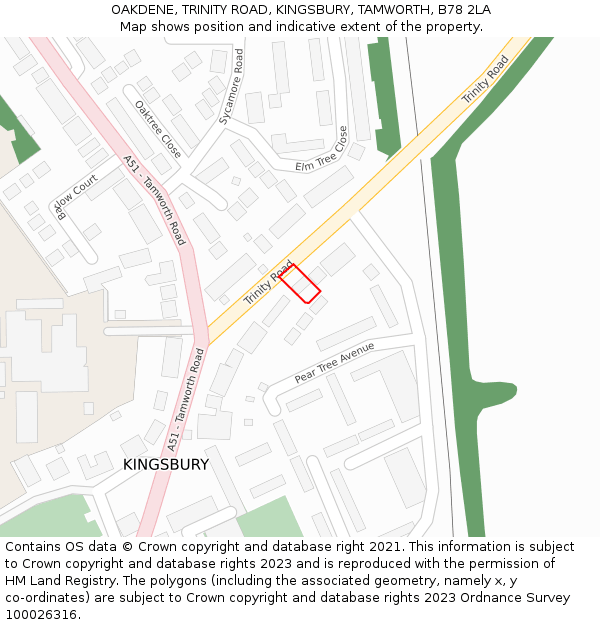 OAKDENE, TRINITY ROAD, KINGSBURY, TAMWORTH, B78 2LA: Location map and indicative extent of plot