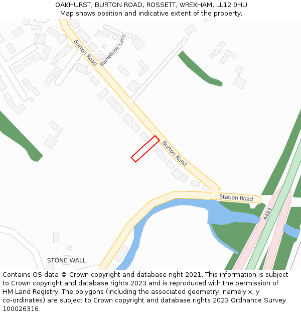 OAKHURST, BURTON ROAD, ROSSETT, WREXHAM, LL12 0HU: Location map and indicative extent of plot