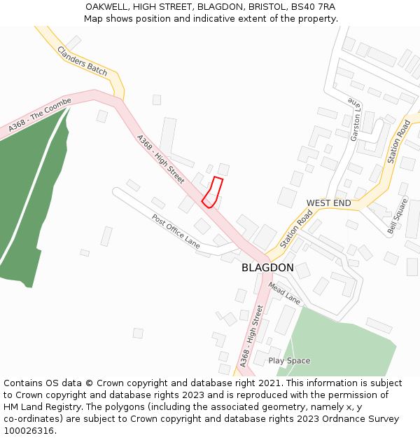 OAKWELL, HIGH STREET, BLAGDON, BRISTOL, BS40 7RA: Location map and indicative extent of plot