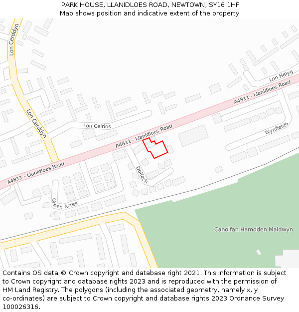 PARK HOUSE, LLANIDLOES ROAD, NEWTOWN, SY16 1HF: Location map and indicative extent of plot