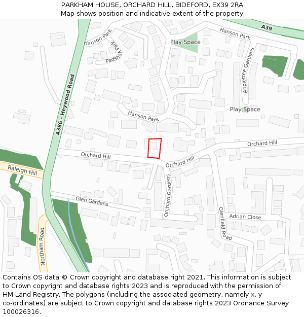 PARKHAM HOUSE, ORCHARD HILL, BIDEFORD, EX39 2RA: Location map and indicative extent of plot