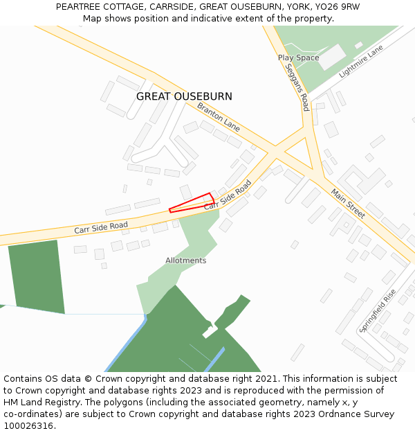 PEARTREE COTTAGE, CARRSIDE, GREAT OUSEBURN, YORK, YO26 9RW: Location map and indicative extent of plot