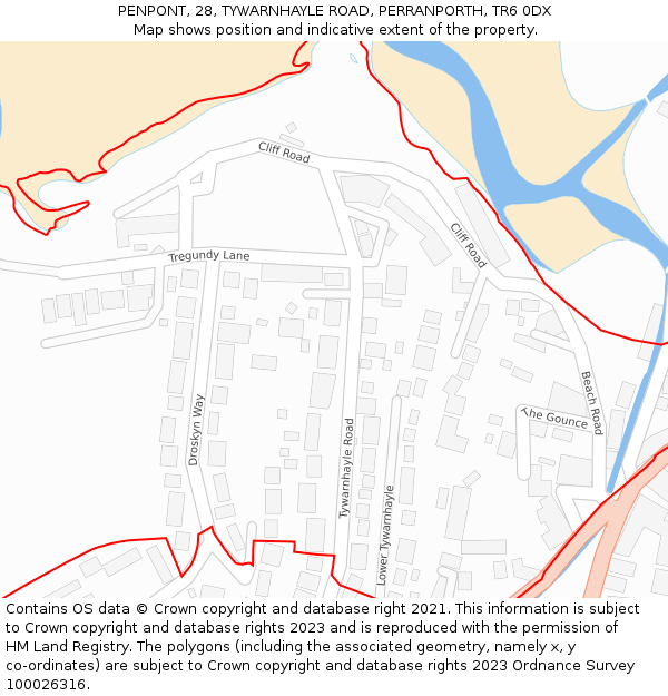 PENPONT, 28, TYWARNHAYLE ROAD, PERRANPORTH, TR6 0DX: Location map and indicative extent of plot