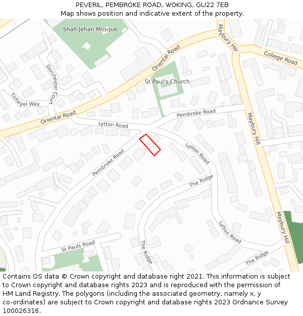 PEVERIL, PEMBROKE ROAD, WOKING, GU22 7EB: Location map and indicative extent of plot