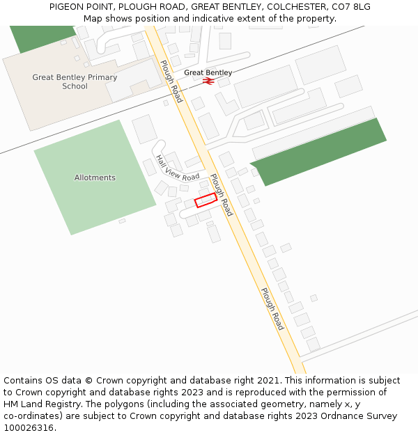 PIGEON POINT, PLOUGH ROAD, GREAT BENTLEY, COLCHESTER, CO7 8LG: Location map and indicative extent of plot