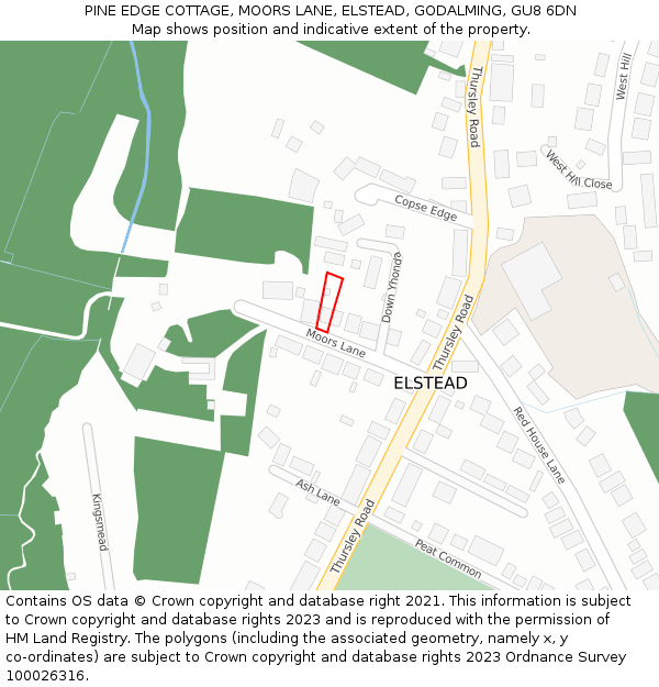 PINE EDGE COTTAGE, MOORS LANE, ELSTEAD, GODALMING, GU8 6DN: Location map and indicative extent of plot