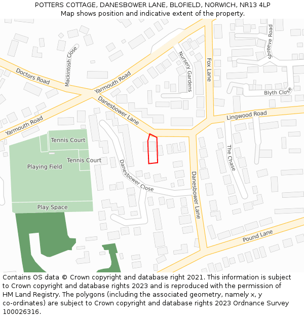 POTTERS COTTAGE, DANESBOWER LANE, BLOFIELD, NORWICH, NR13 4LP: Location map and indicative extent of plot